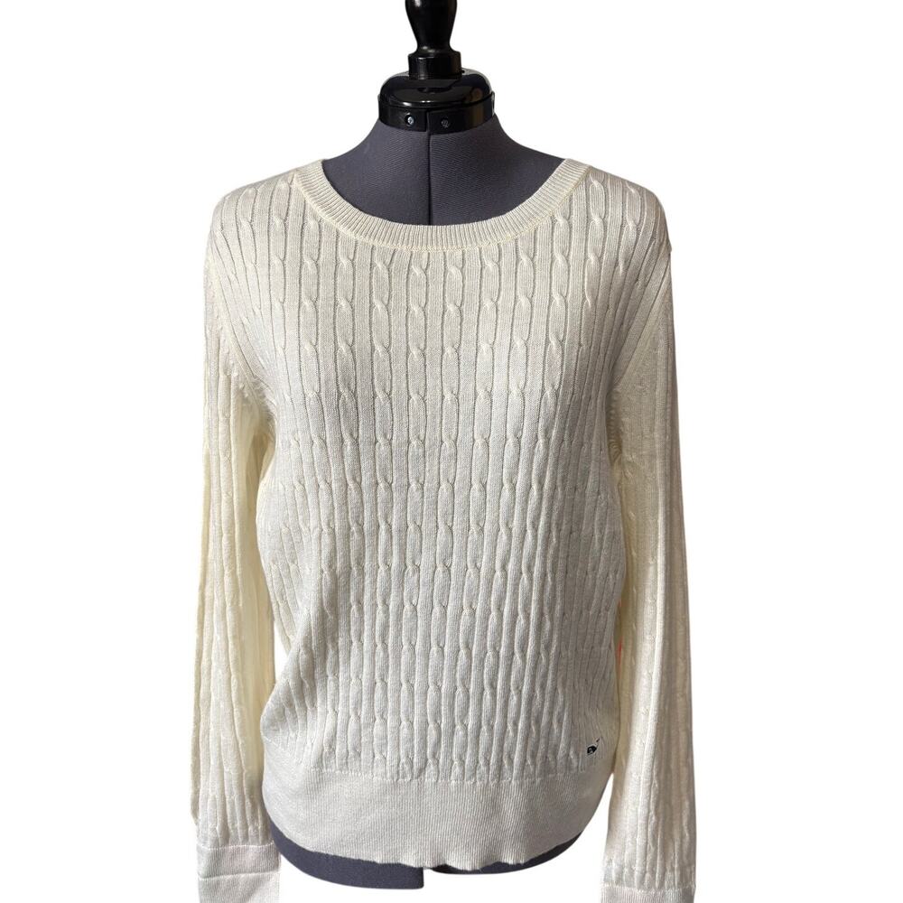 Vineyard Vines Ivory Cable Knit Sweater with plaid contrast Roll Sleeve Size M